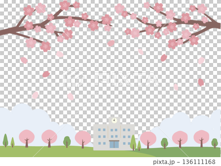 春季背景插圖 春季材料 學校和櫻花插圖 橫幅 136111168