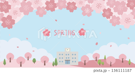 春季背景插圖 春季材料 學校和櫻花插圖 橫幅 春季背景插圖 春季材料 學校和櫻花插圖 橫幅 136111187