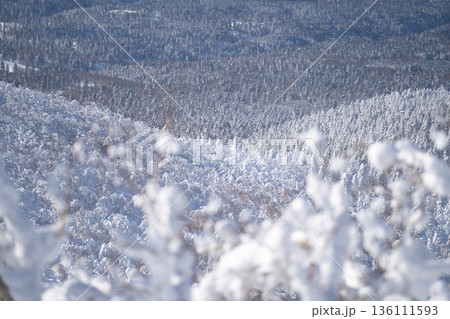 藻琴山から望む一面の樹氷と雪に覆われた壮大な冬山風景 136111593