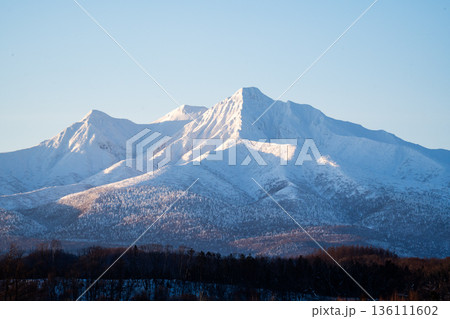 朝日を浴びて輝く冬の斜里岳と幻想的な雪景色 136111602