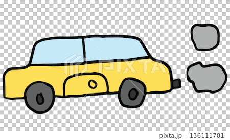 Hand drawn illustration of yellow car for transportation, commute to work, pollution, back to school, travel, trip, vacation, journey, holidays, sticker, print, road, street view, icon 136111701