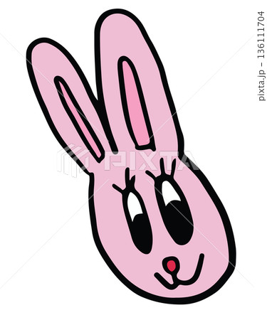 Hand drawn illustrations of happy pink bunny head shape for cartoon characters, comic, mascot, cute patch, rabbit drawing, animal, pet shop, vet, sticker, zoo, souvenir shop, pin, brooch, tattoo 136111704
