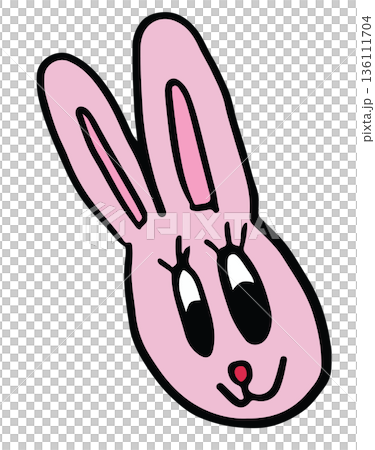 Hand drawn illustrations of happy pink bunny head shape for cartoon characters, comic, mascot, cute patch, rabbit drawing, animal, pet shop, vet, sticker, zoo, souvenir shop, pin, brooch, tattoo 136111704