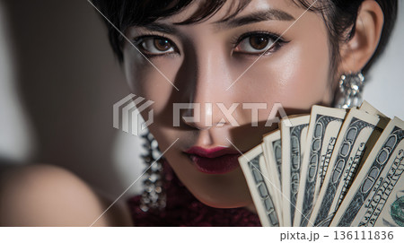 セレブでリッチ。紙幣を扇のように持つ美しいアジア人女性のラグジュアリーポートレート 136111836