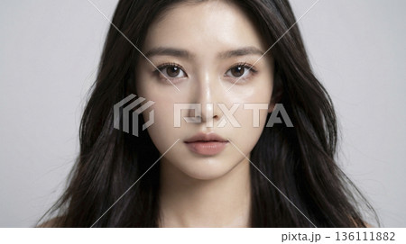 白背景でカメラを真っ直ぐ見つめる美しい日本人女性の顔のアップ 白背景でカメラを真っ直ぐ見つめる美しい日本人女性の顔のアップ 136111882