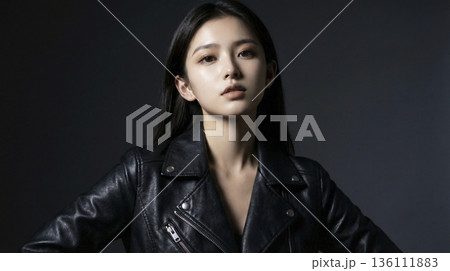 黒いレザージャケットを着てクールな表情を見せる日本人女性 黒いレザージャケットを着てクールな表情を見せる日本人女性 136111883