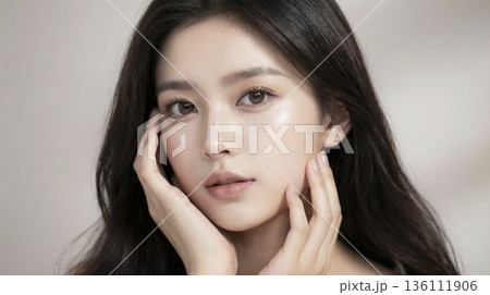 両手を頬に添えて肌の調子を確かめる美しい日本人女性のアップ 136111906
