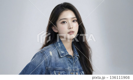 デニムジャケットを羽織りこちらを見つめるロングヘアの日本人女性 デニムジャケットを羽織りこちらを見つめるロングヘアの日本人女性 136111908