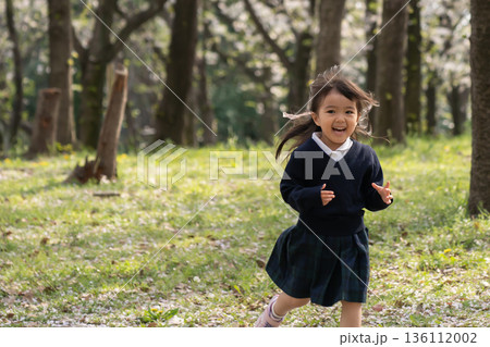 桜の咲く公園を走る幼児 桜の咲く公園を走る幼児 136112002