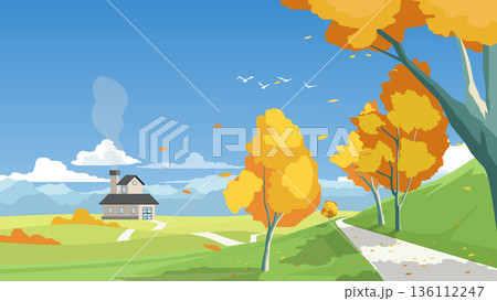 Autumn landscape vector illustration with a cozy house on a green field. Yellow trees falling leaves and mountains under a clear blue sky in flat design style. 136112247