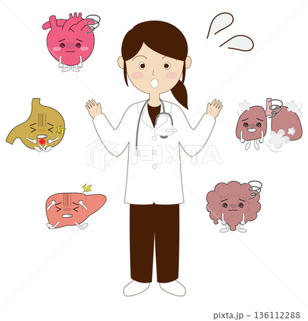 不調の臓器キャラクターと白衣の女性 136112288