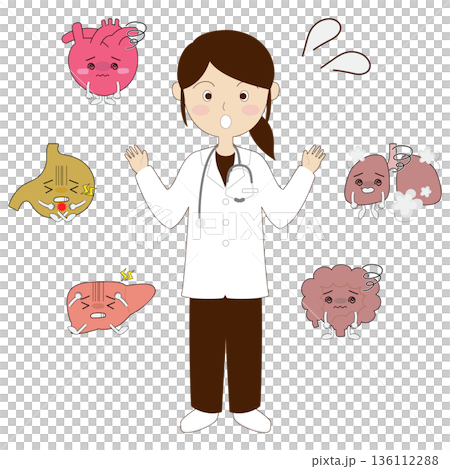 不調の臓器キャラクターと白衣の女性 136112288