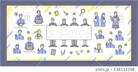 シンプルでかわいい制服の学生イラストセット（学校・勉強・入学素材） 136112298