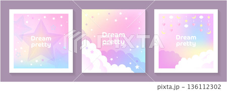 星、雲、かわいい要素が入った夢のようなパステルファンタジー背景セット 136112302