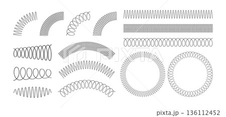 Spiral spring set. Metal wire coil spring icon collection. Thin zigzag waves symbol. Flexible coil shapes. Loop line pattern. Vector illustration isolated on white background Spiral spring set. Metal wire coil spring icon collection. Thin zigzag waves symbol. Flexible coil shapes. Loop line pattern. Vector illustration isolated on white background 136112452