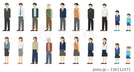 フラットイラスト：様々な年代の男女セット 136112471
