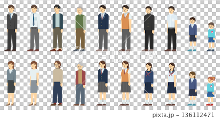 フラットイラスト：様々な年代の男女セット 136112471