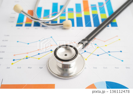 Stethoscope on chart or graph paper, Financial, account, statistics and business data medical health. Stethoscope on chart or graph paper, Financial, account, statistics and business data medical health. 136112478