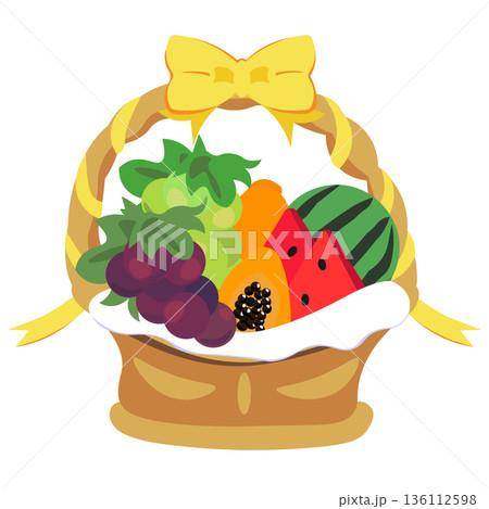 リボンがついたバスケットに入ったフルーツのイラスト 136112598
