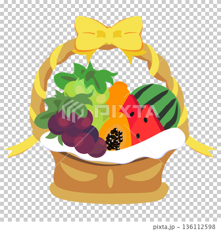 リボンがついたバスケットに入ったフルーツのイラスト 136112598