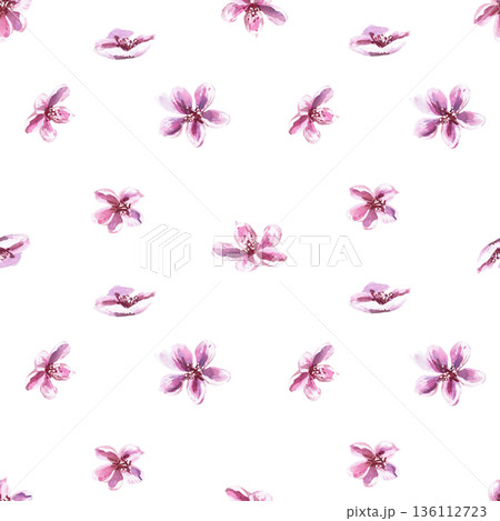 Seamless pattern with peach blossoms. Watercolor illustration of spring flowers for packaging design, fabric printing, interior design, greeting cards, holiday decor, and souvenirs. Seamless pattern with peach blossoms. Watercolor illustration of spring flowers for packaging design, fabric printing, interior design, greeting cards, holiday decor, and souvenirs. 136112723