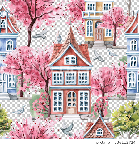 A spring town with colorful houses, blooming trees, and doves in a seamless pattern. Watercolor illustration of a spring town for tourism graphic design, real estate websites, and interior design. A spring town with colorful houses, blooming trees, and doves in a seamless pattern. Watercolor illustration of a spring town for tourism graphic design, real estate websites, and interior design. 136112724