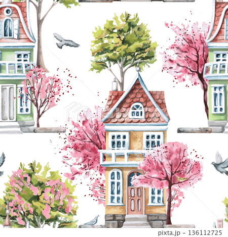 A spring town with colorful houses, blooming trees, and doves in a seamless pattern. Watercolor illustration of a spring town for tourism graphic design, real estate websites, and interior design. 136112725