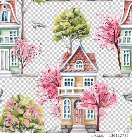 A spring town with colorful houses, blooming trees, and doves in a seamless pattern. Watercolor illustration of a spring town for tourism graphic design, real estate websites, and interior design. 136112725
