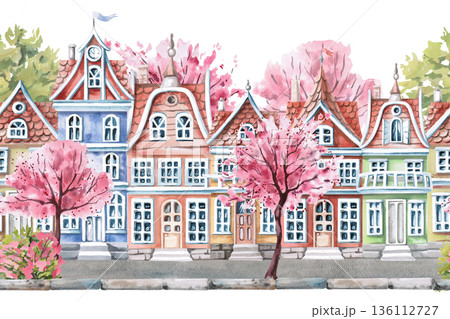 A seamless border with colorful houses and blooming trees. An isolated watercolor illustration of a spring city for use in travel design, real estate websites, and interiors. 136112727