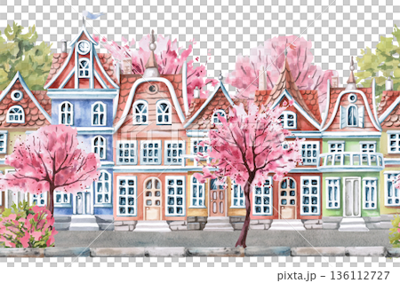 A seamless border with colorful houses and blooming trees. An isolated watercolor illustration of a spring city for use in travel design, real estate websites, and interiors. 136112727