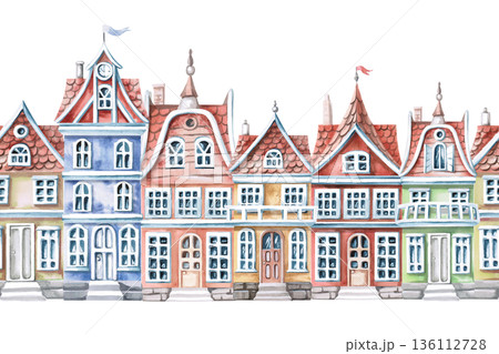 A seamless border with colorful houses. Isolated watercolor illustration of the city for tourism print design, real estate websites, and interior design. 136112728