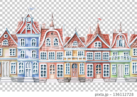 A seamless border with colorful houses. Isolated watercolor illustration of the city for tourism print design, real estate websites, and interior design. 136112728