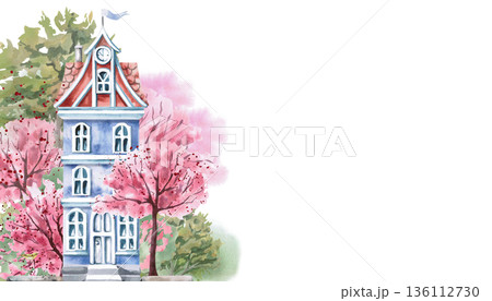 A rectangular frame with a blue house against a background of blooming trees. An isolated watercolor illustration of a spring city for use in tourism print design, real estate websites, interior. 136112730