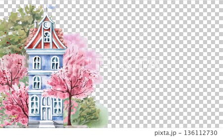 A rectangular frame with a blue house against a background of blooming trees. An isolated watercolor illustration of a spring city for use in tourism print design, real estate websites, interior. 136112730
