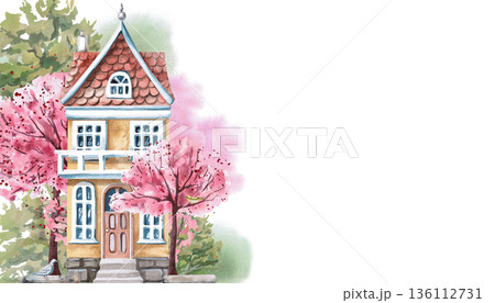 A rectangular frame with a yellow house against a background of flowered trees. An isolated watercolor illustration of a spring city for use in tourism print design, real estate websites, interior. A rectangular frame with a yellow house against a background of flowered trees. An isolated watercolor illustration of a spring city for use in tourism print design, real estate websites, interior. 136112731