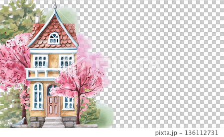 A rectangular frame with a yellow house against a background of flowered trees. An isolated watercolor illustration of a spring city for use in tourism print design, real estate websites, interior. A rectangular frame with a yellow house against a background of flowered trees. An isolated watercolor illustration of a spring city for use in tourism print design, real estate websites, interior. 136112731