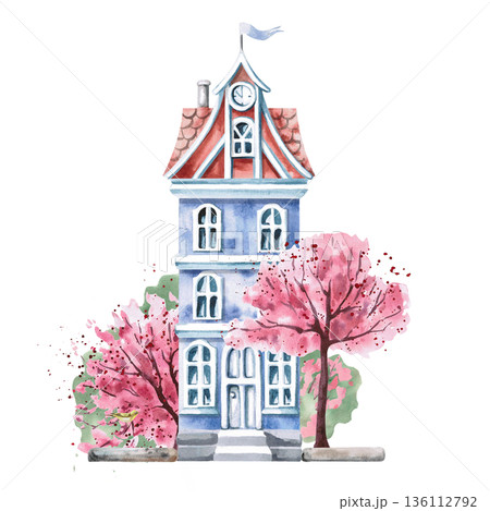 A blue three-story house with a clock and blossoming trees. Isolated watercolor illustration of a spring city for tourism print design, real estate websites, interior design, and poster printing. 136112792