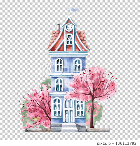 A blue three-story house with a clock and blossoming trees. Isolated watercolor illustration of a spring city for tourism print design, real estate websites, interior design, and poster printing. 136112792