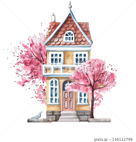 A yellow two-story house with an attic and blossoming trees. Isolated watercolor illustration of a spring city for tourism print design, real estate websites, interior design, and poster printing. 136112799