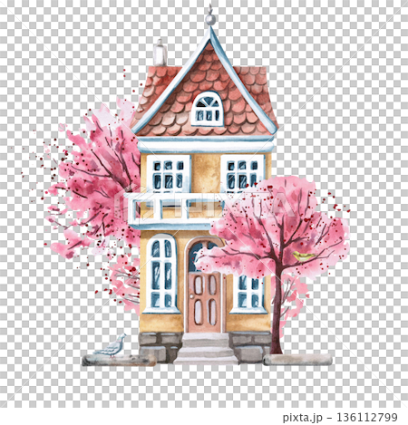 A yellow two-story house with an attic and blossoming trees. Isolated watercolor illustration of a spring city for tourism print design, real estate websites, interior design, and poster printing. 136112799