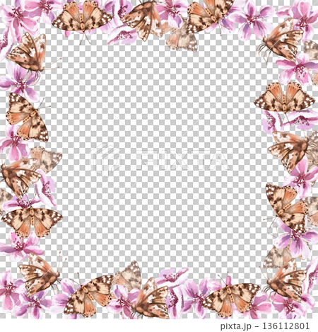 A square frame with butterflies and pink flowers. Isolated watercolor illustration for invitations, product packaging, interior design, and poster printing. A square frame with butterflies and pink flowers. Isolated watercolor illustration for invitations, product packaging, interior design, and poster printing. 136112801