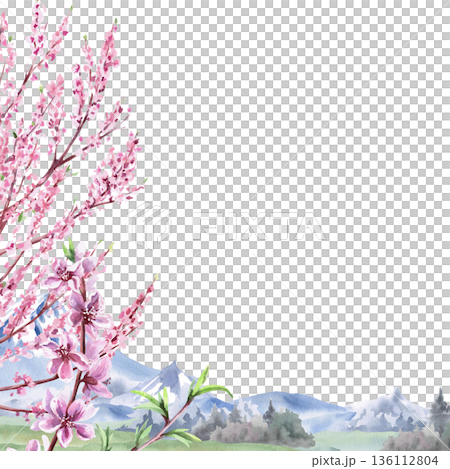 A square frame with blooming peach trees against a backdrop of meadows and mountains. Isolated watercolor illustration for tableware, invitations, product packaging, and interior design. A square frame with blooming peach trees against a backdrop of meadows and mountains. Isolated watercolor illustration for tableware, invitations, product packaging, and interior design. 136112804