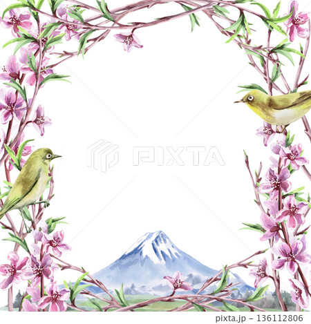 A square frame with blossoming peach branches against a mountain backdrop. Isolated watercolor illustration of a spring theme for tableware, invitations, product packaging, and interior design. 136112806