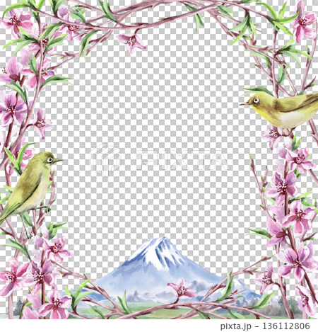 A square frame with blossoming peach branches against a mountain backdrop. Isolated watercolor illustration of a spring theme for tableware, invitations, product packaging, and interior design. 136112806