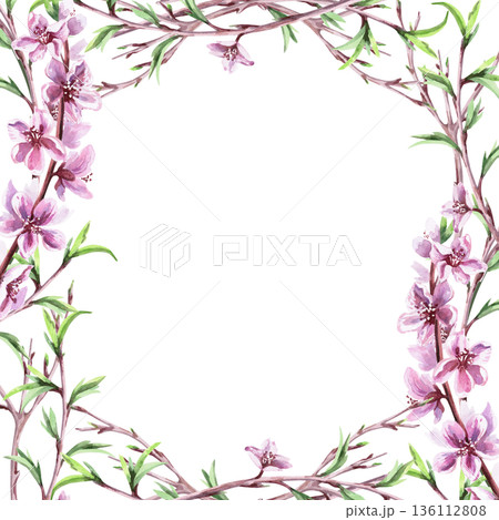 A square frame with blooming peach branches and young leaf shoots. Isolated watercolor illustration of a spring theme for tableware, invitations, product packaging, and interior design. 136112808