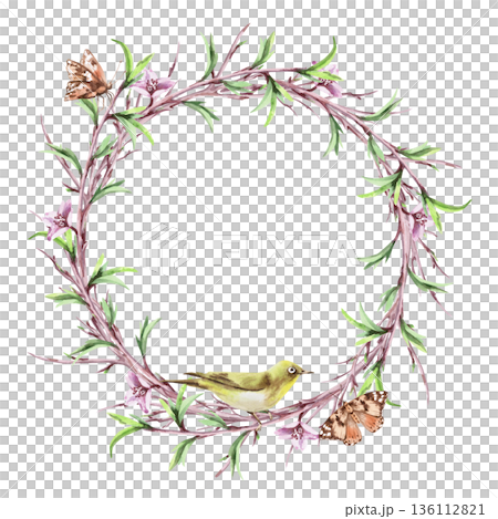 A round frame with blossoming branches, a bird, and butterflies. Isolated watercolor illustration of a spring theme for tableware, invitations, product packaging, and interior design. A round frame with blossoming branches, a bird, and butterflies. Isolated watercolor illustration of a spring theme for tableware, invitations, product packaging, and interior design. 136112821