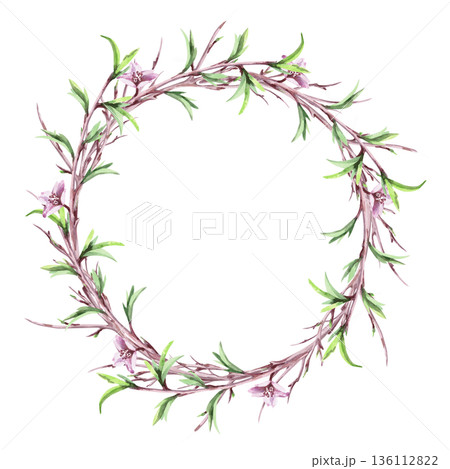A round frame with blossoming branches. Isolated watercolor illustration of a spring theme for tableware, invitations, product packaging, and interior design. A round frame with blossoming branches. Isolated watercolor illustration of a spring theme for tableware, invitations, product packaging, and interior design. 136112822