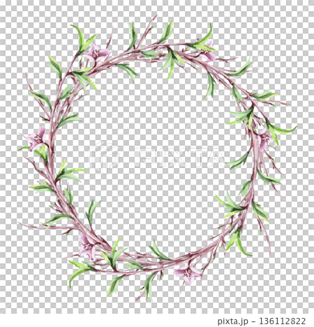 A round frame with blossoming branches. Isolated watercolor illustration of a spring theme for tableware, invitations, product packaging, and interior design. A round frame with blossoming branches. Isolated watercolor illustration of a spring theme for tableware, invitations, product packaging, and interior design. 136112822