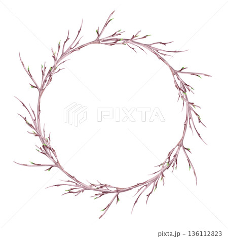A round frame with branches and young leaf buds. Isolated watercolor illustration of a spring theme for tableware, invitations, product packaging, and interior design. A round frame with branches and young leaf buds. Isolated watercolor illustration of a spring theme for tableware, invitations, product packaging, and interior design. 136112823