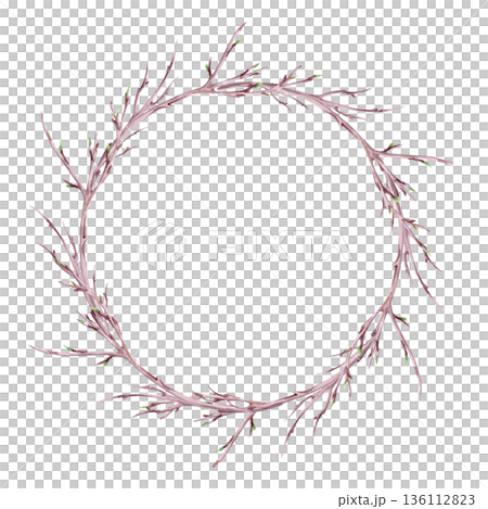 A round frame with branches and young leaf buds. Isolated watercolor illustration of a spring theme for tableware, invitations, product packaging, and interior design. 136112823
